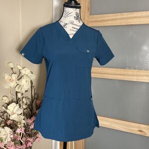 MEDGEAR Scrubs Top Green Women's Size XXS Medical Apparel V-Neck Short Sleeve